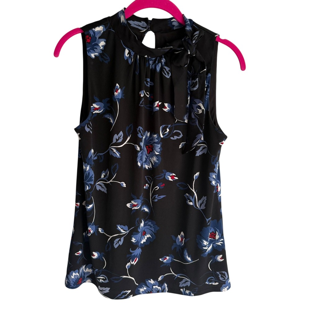WHITE HOUSE BLACK MARKET Black Floral Sleeveless Tie-Neck Ladies Blouse, S